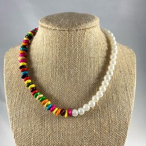 3/$15 half and half pearl and wood bead choker